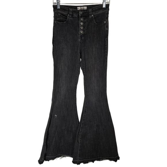We The Free Denim - Free People Irreplaceable High Waisted Button Fly Flare Jeans Black Galaxy 26x32
